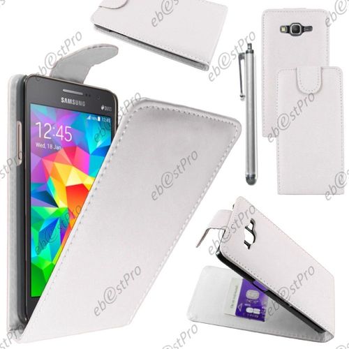 Ebeststar  Housse Coque Etui Simili Cuir  Rabat Vertical Pour Samsung Galaxy Grand Prime Sm-G530f Sm-G530h, Couleur Blanc + Stylet + Film Protection D'cran