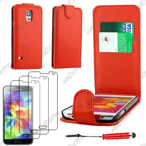 Ebeststar  Housse Coque Etui Simili Cuir  Rabat Vertical Pour Samsung Galaxy S5 Sm-G900f, G900, G900h, Couleur Rouge + Mini Stylet 3 Film