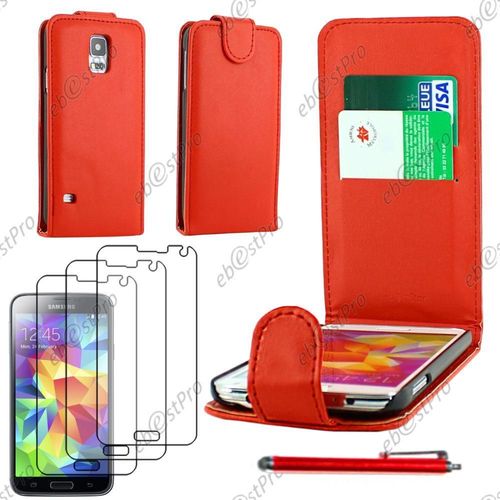 Ebeststar  Housse Coque Etui Simili Cuir  Rabat Vertical Pour Samsung Galaxy S5 Sm-G900f, G900, G900h, Couleur Rouge + Stylet 3 Film