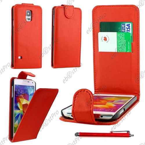 Ebeststar  Housse Coque Etui Simili Cuir  Rabat Vertical Pour Samsung Galaxy S5 Sm-G900f, G900, G900h, Couleur Rouge + Stylet + Film Protection D'cran