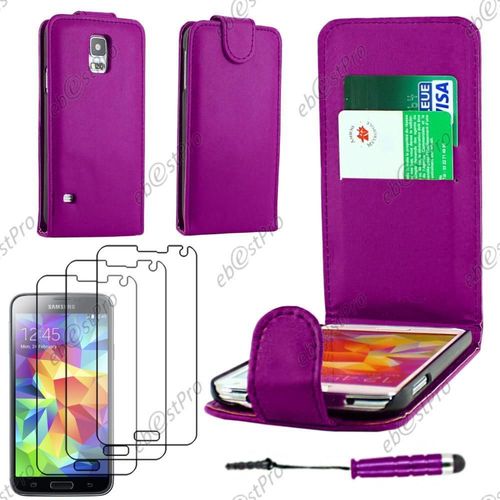 Ebeststar  Housse Coque Etui Simili Cuir  Rabat Vertical Pour Samsung Galaxy S5 Sm-G900f, G900, G900h, Couleur Violet + Mini Stylet 3 Film