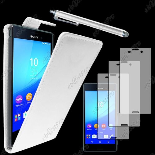 Ebeststar  Housse Coque Etui Simili Cuir  Rabat Vertical Pour Sony Xperia M4 Aqua, M4 Aqua Dual, Couleur Blanc + Stylet 3 Film