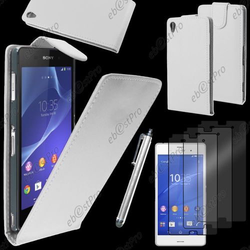 Ebeststar  Housse Coque Etui Simili Cuir  Rabat Vertical Pour Sony Xperia Z3 D6603, Couleur Blanc + Stylet 3 Film