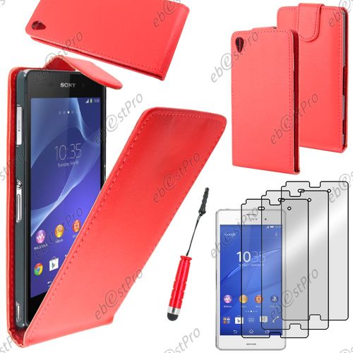 Ebeststar  Housse Coque Etui Simili Cuir  Rabat Vertical Pour Sony Xperia Z3 D6603, Couleur Rouge + Mini Stylet 3 Film