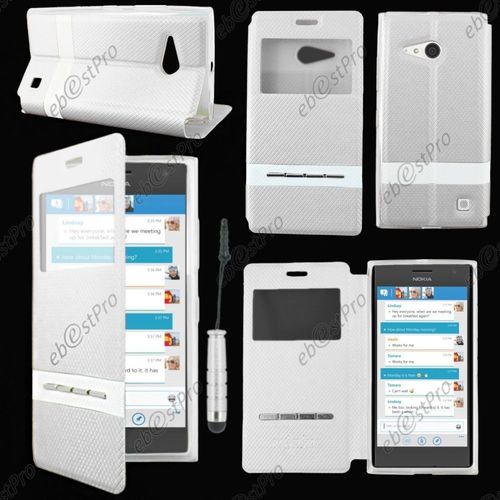 Ebeststar  Housse Coque Etui Smart View Cover Type S-View Portefeuille Livre Pour Nokia Lumia 735 730 Dual, Couleur Blanc + Mini Stylet + Film Protection D'cran