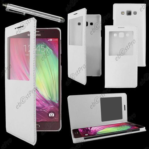 Ebeststar  Housse Coque Etui Smart View Cover Type S-View Portefeuille Livre Pour Samsung Galaxy A3 Sm-A300f, Couleur Blanc + Stylet + Film Protection D'cran