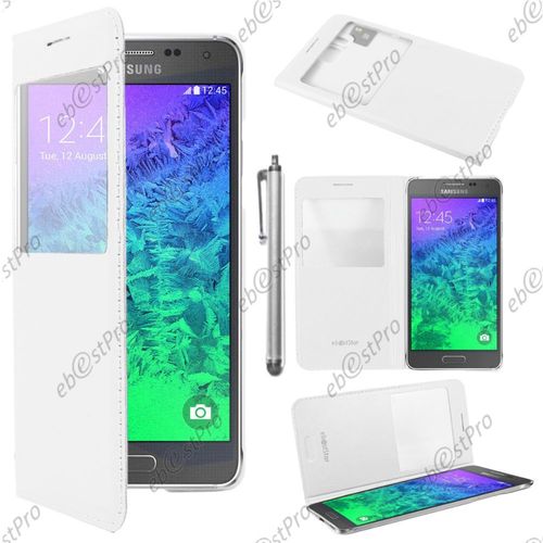 Ebeststar  Housse Coque Etui Smart View Cover Type S-View Portefeuille Livre Pour Samsung Galaxy Alpha Sm-G850f, Couleur Blanc + Stylet + Film Protection D'cran