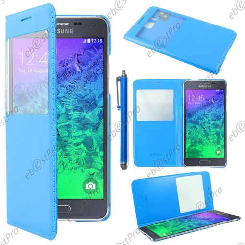 Ebeststar  Housse Coque Etui Smart View Cover Type S-View Portefeuille Livre Pour Samsung Galaxy Alpha Sm-G850f, Couleur Bleu + Stylet + Film Protection D'cran