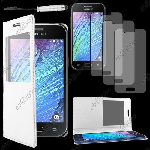 Ebeststar  Housse Coque Etui Smart View Cover Type S-View Portefeuille Livre Pour Samsung Galaxy J1 Sm-J100f, Couleur Blanc + Mini Stylet 3 Film