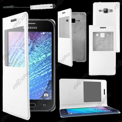 Ebeststar  Housse Coque Etui Smart View Cover Type S-View Portefeuille Livre Pour Samsung Galaxy J1 Sm-J100f, Couleur Blanc + Mini Stylet + Film Protection D'cran