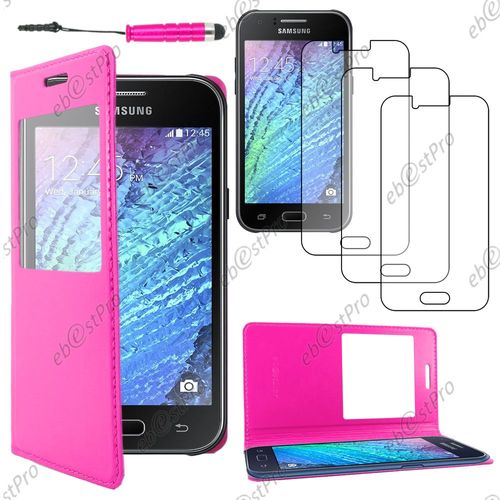 Ebeststar  Housse Coque Etui Smart View Cover Type S-View Portefeuille Livre Pour Samsung Galaxy J1 Sm-J100f, Couleur Rose + Mini Stylet 3 Film