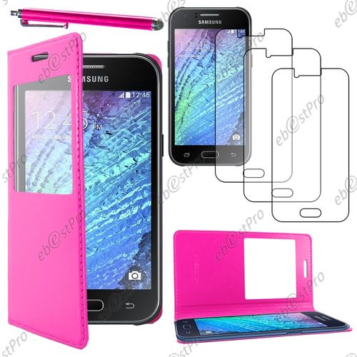 Ebeststar  Housse Coque Etui Smart View Cover Type S-View Portefeuille Livre Pour Samsung Galaxy J1 Sm-J100f, Couleur Rose + Stylet 3 Film