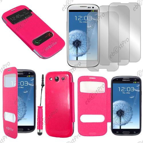 Ebeststar  Housse Coque Etui Smart View Cover Type S-View Portefeuille Livre Pour Samsung Galaxy S3 I9300 I9305, Couleur Rose + Mini Stylet 3 Film