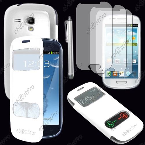 Ebeststar  Housse Coque Etui Smart View Cover Type S-View Portefeuille Livre Pour Samsung Galaxy S3 Mini Gt-I8190, I8190n, Couleur Blanc + Stylet 3 Film