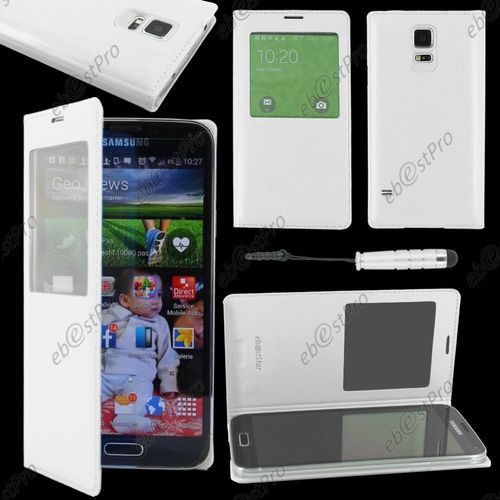 Ebeststar  Housse Coque Etui Smart View Cover Type S-View Portefeuille Livre Pour Samsung Galaxy S5 Mini Sm-G800 G800f G800h, Couleur Blanc + Mini Stylet + Film Protection D'cran