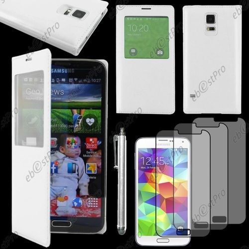 Ebeststar  Housse Coque Etui Smart View Cover Type S-View Portefeuille Livre Pour Samsung Galaxy S5 Mini Sm-G800 G800f G800h, Couleur Blanc + Stylet 3 Film
