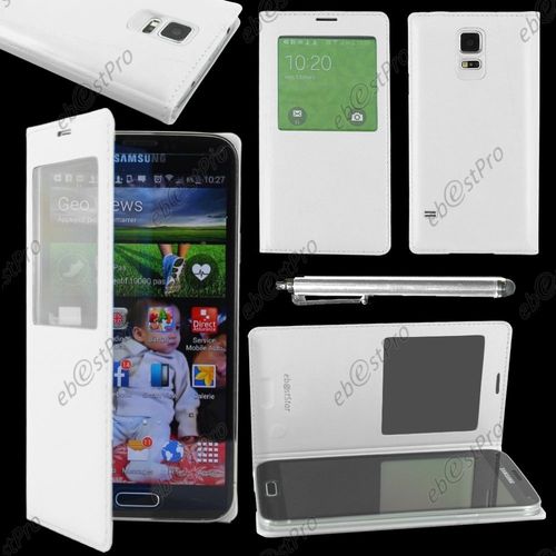 Ebeststar  Housse Coque Etui Smart View Cover Type S-View Portefeuille Livre Pour Samsung Galaxy S5 Mini Sm-G800 G800f G800h, Couleur Blanc + Stylet + Film Protection D'cran