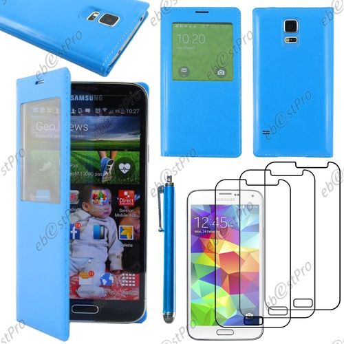 Ebeststar  Housse Coque Etui Smart View Cover Type S-View Portefeuille Livre Pour Samsung Galaxy S5 Mini Sm-G800 G800f G800h, Couleur Bleu + Stylet 3 Film