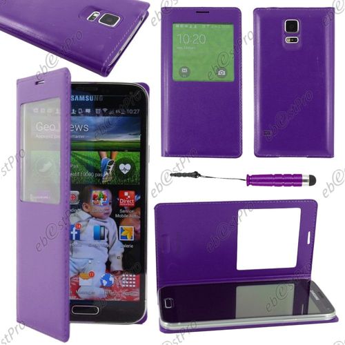 Ebeststar  Housse Coque Etui Smart View Cover Type S-View Portefeuille Livre Pour Samsung Galaxy S5 Mini Sm-G800 G800f G800h, Couleur Violet + Mini Stylet + Film Protection D'cran