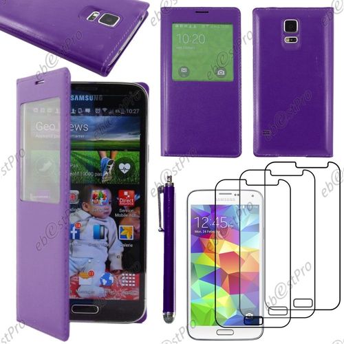 Ebeststar  Housse Coque Etui Smart View Cover Type S-View Portefeuille Livre Pour Samsung Galaxy S5 Mini Sm-G800 G800f G800h, Couleur Violet + Stylet 3 Film