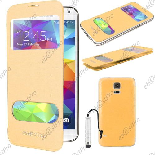Ebeststar  Housse Coque Etui Smart View Cover Type S-View Portefeuille Livre Pour Samsung Galaxy S5 Sm-G900f, G900, G900h, Couleur Jaune + Mini Stylet + 1 Film Protection D'cran + Lingette