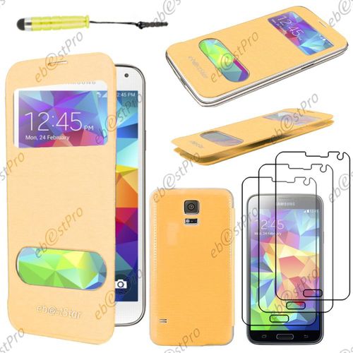 Ebeststar  Housse Coque Etui Smart View Cover Type S-View Portefeuille Livre Pour Samsung Galaxy S5 Sm-G900f, G900, G900h, Couleur Jaune + Mini Stylet 3 Film