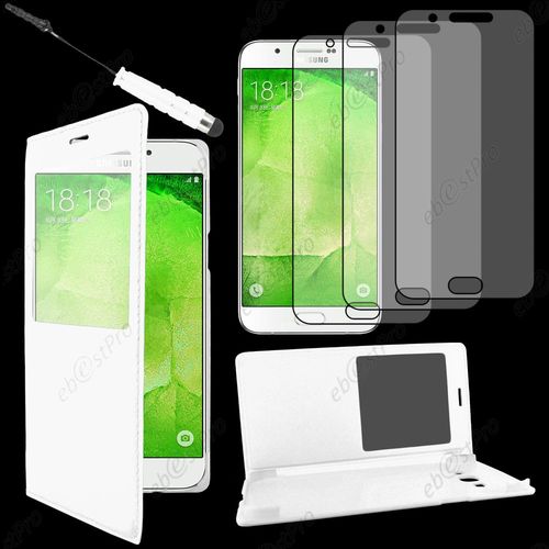 Ebeststar  Housse Coque Etui Smart View Type S-View Portefeuille Pour Samsung Galaxy A8 Sm-A800f, Couleur Blanc + Mini Stylet 3 Film