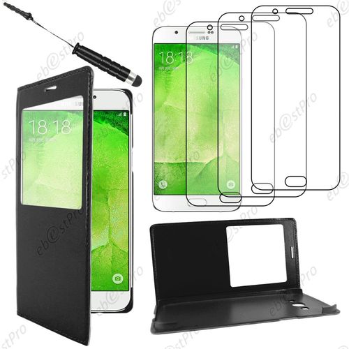 Ebeststar  Housse Coque Etui Smart View Type S-View Portefeuille Pour Samsung Galaxy A8 Sm-A800f, Couleur Noir + Mini Stylet 3 Film
