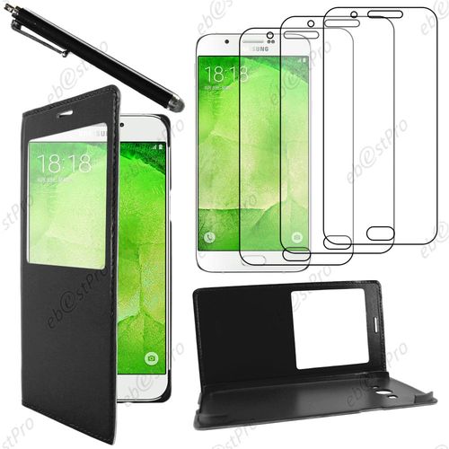 Ebeststar  Housse Coque Etui Smart View Type S-View Portefeuille Pour Samsung Galaxy A8 Sm-A800f, Couleur Noir + Stylet 3 Film
