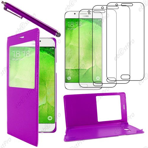 Ebeststar  Housse Coque Etui Smart View Type S-View Portefeuille Pour Samsung Galaxy A8 Sm-A800f, Couleur Violet + Stylet 3 Film