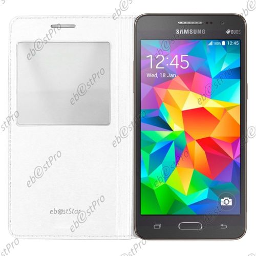 Ebeststar  Housse Coque Etui Smart View Type S-View Portefeuille Pour Samsung Galaxy Grand Prime Value Edition Sm-G531f, Grand Prime Sm-G530fz G530f, Couleur Blanc + Film Verre Tremp