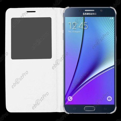 Ebeststar  Housse Coque Etui Smart View Type S-View Portefeuille Pour Samsung Galaxy Note5 Sm-N920f Note 5, Couleur Blanc + Film Verre Tremp