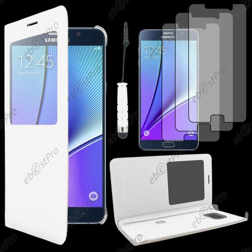 Ebeststar  Housse Coque Etui Smart View Type S-View Portefeuille Pour Samsung Galaxy Note5 Sm-N920f Note 5, Couleur Blanc + Mini Stylet 3 Film