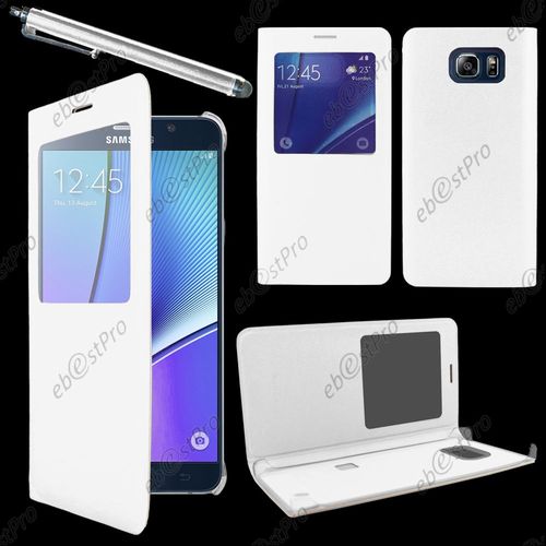 Ebeststar  Housse Coque Etui Smart View Type S-View Portefeuille Pour Samsung Galaxy Note5 Sm-N920f Note 5, Couleur Blanc + Stylet + 1 Film Protection D'cran + Lingette