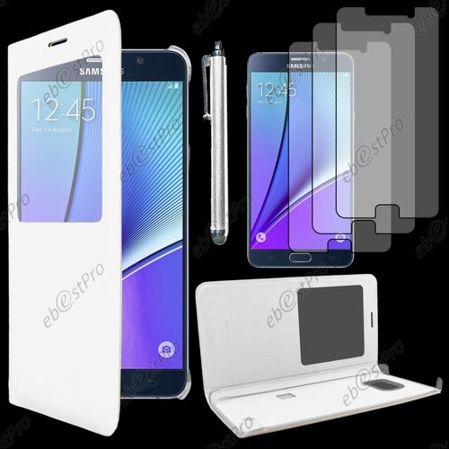 Ebeststar  Housse Coque Etui Smart View Type S-View Portefeuille Pour Samsung Galaxy Note5 Sm-N920f Note 5, Couleur Blanc + Stylet 3 Film