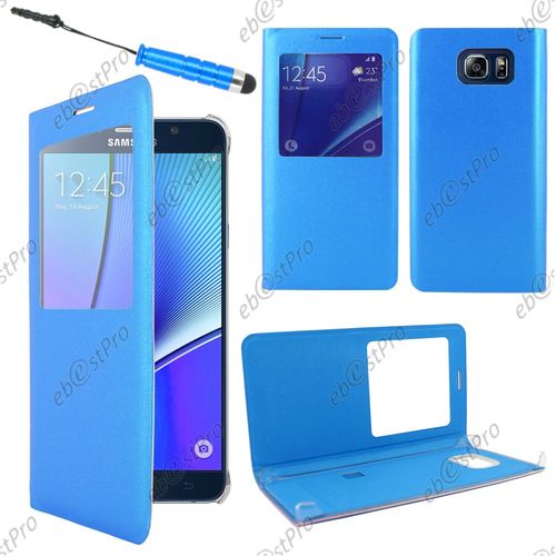 Ebeststar  Housse Coque Etui Smart View Type S-View Portefeuille Pour Samsung Galaxy Note5 Sm-N920f Note 5, Couleur Bleu + Mini Stylet + 1 Film Protection D'cran + Lingette