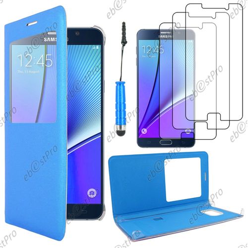 Ebeststar  Housse Coque Etui Smart View Type S-View Portefeuille Pour Samsung Galaxy Note5 Sm-N920f Note 5, Couleur Bleu + Mini Stylet 3 Film