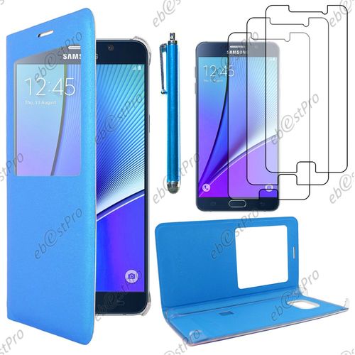 Ebeststar  Housse Coque Etui Smart View Type S-View Portefeuille Pour Samsung Galaxy Note5 Sm-N920f Note 5, Couleur Bleu + Stylet 3 Film