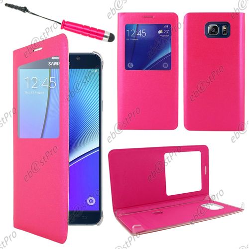 Ebeststar  Housse Coque Etui Smart View Type S-View Portefeuille Pour Samsung Galaxy Note5 Sm-N920f Note 5, Couleur Rose + Mini Stylet + 1 Film Protection D'cran + Lingette