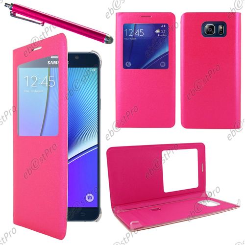 Ebeststar  Housse Coque Etui Smart View Type S-View Portefeuille Pour Samsung Galaxy Note5 Sm-N920f Note 5, Couleur Rose + Stylet + 1 Film Protection D'cran + Lingette