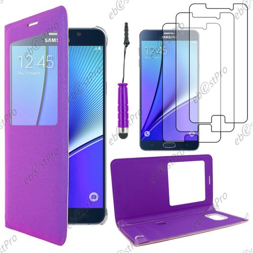 Ebeststar  Housse Coque Etui Style View Portefeuille Pour Samsung Galaxy Note5 Sm-N920f Note 5, Couleur Violet + Mini Stylet 3 Film Plastique