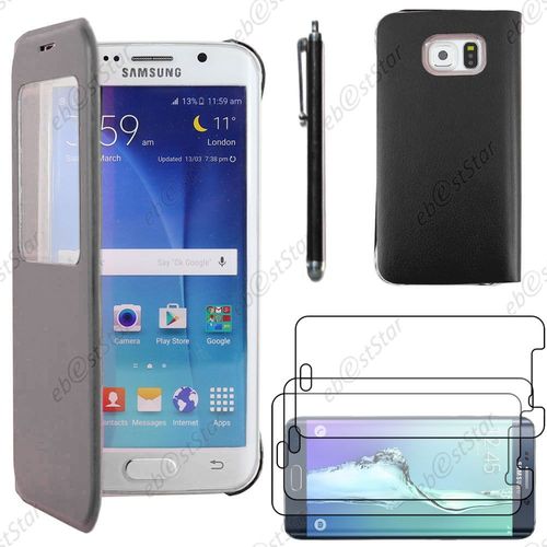 Ebeststar  Housse Coque Etui Style View Portefeuille Pour Samsung Galaxy S6 Edge Sm-G925f G925, Couleur Noir + Stylet 3 Film Plastique