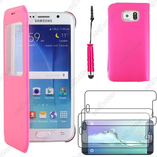 Ebeststar  Housse Coque Etui Style View Portefeuille Pour Samsung Galaxy S6 Edge Sm-G925f G925, Couleur Rose + Mini Stylet 3 Film Plastique