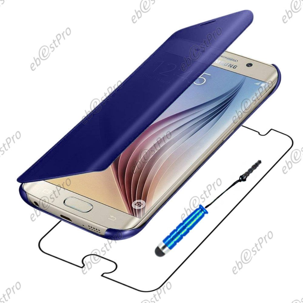 Ebeststar  Housse Coque Etui View Clear Cover Miroir Pour Samsung Galaxy S6 Edge + Sm-G928f Edge Plus, Couleur Bleu Fonc + Mini Stylet + 1 Film Protection D'cran + Lingette