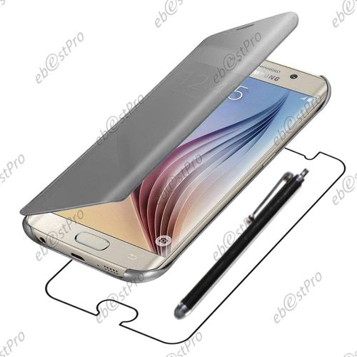 Ebeststar  Housse Coque Etui View Clear Cover Miroir Pour Samsung Galaxy S6 Edge + Sm-G928f Edge Plus, Couleur Gris + Stylet + 1 Film Protection D'cran + Lingette