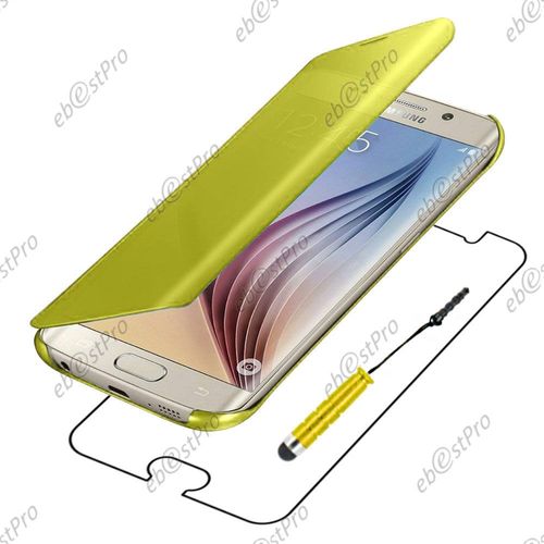 Ebeststar  Housse Coque Etui View Clear Cover Miroir Pour Samsung Galaxy S6 Edge + Sm-G928f Edge Plus, Couleur Jaune + Mini Stylet + 1 Film Protection D'cran + Lingette
