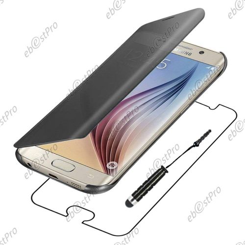 Ebeststar  Housse Coque Etui View Clear Cover Miroir Pour Samsung Galaxy S6 Edge + Sm-G928f Edge Plus, Couleur Noir + Mini Stylet + 1 Film Protection D'cran + Lingette