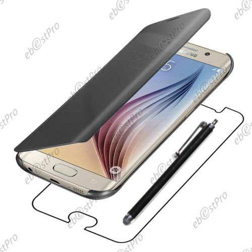 Ebeststar  Housse Coque Etui View Clear Cover Miroir Pour Samsung Galaxy S6 Edge + Sm-G928f Edge Plus, Couleur Noir + Stylet + 1 Film Protection D'cran + Lingette