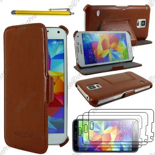 Ebeststar  Housse Etui Cuir Pu Luxe Avec Support Stand Pour Samsung Galaxy S5 Sm-G900f, G900, G900h, Couleur Marron + Stylet 3 Film