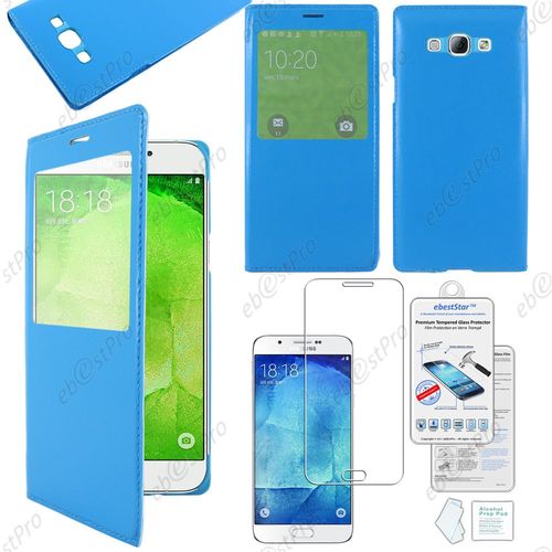 Ebeststar  Housse Pochette Protection Coque Etui Type S-View Pour Samsung Galaxy A8 Sm-A800f, Couleur Bleu + 1 Film Verre Tremp